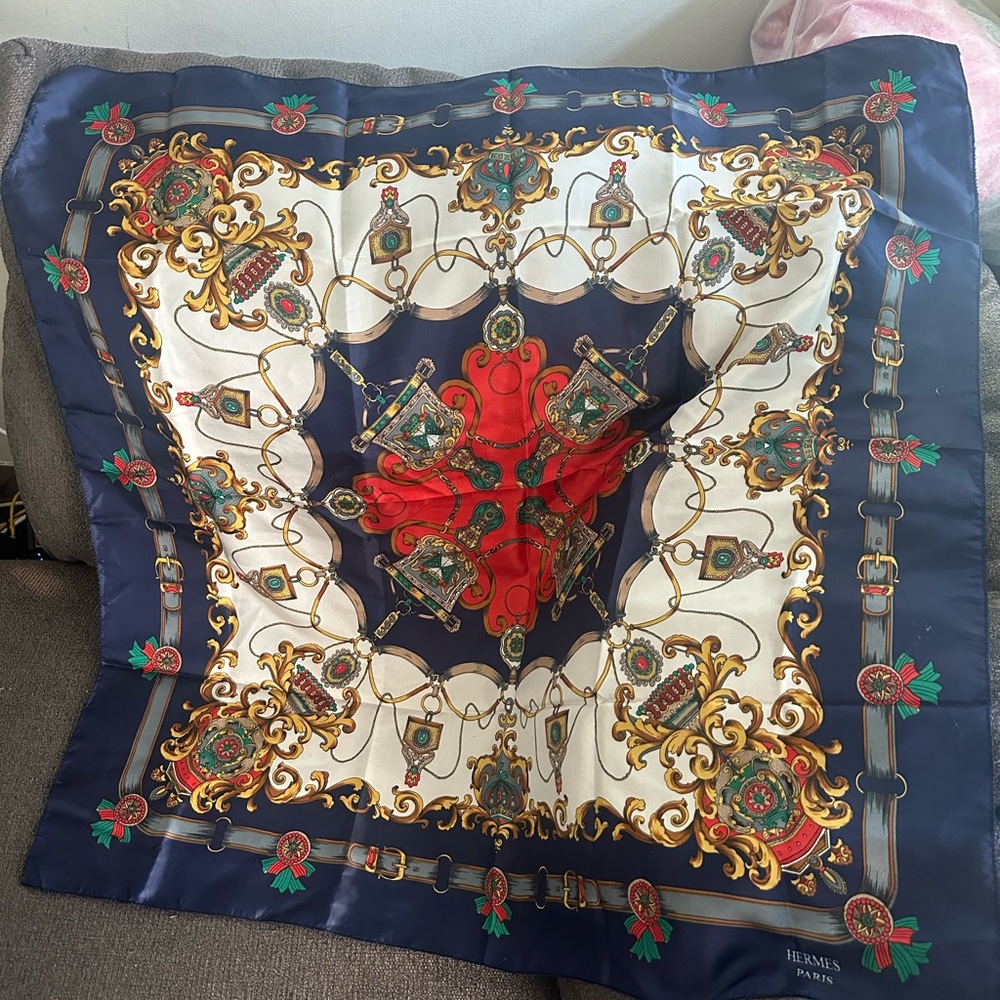 Hermes Scarf with Red, Blue, and Gold Design